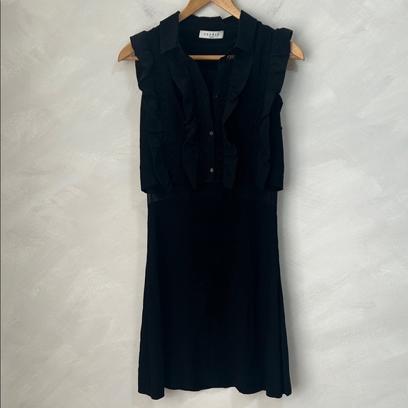 Sandro silk viscose Black Ruffled Sleeveless Dress buttons size 1 or small - Picture 2 of 13